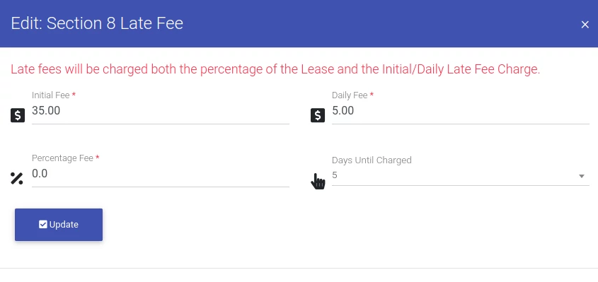 Editing Section8 Late Fees in Property Management Software